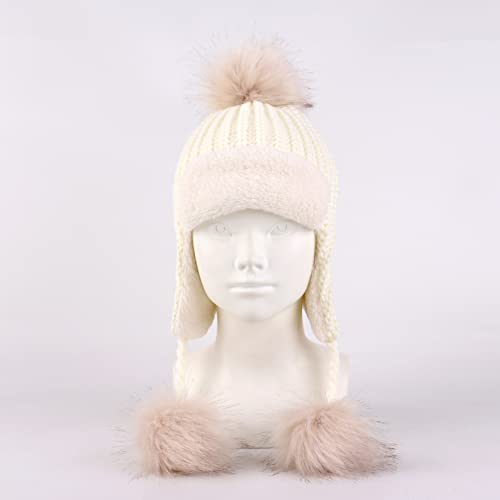 Baby Winter Hat for Girls Toddler Ear Flap Pom Pom Beanies Infant Knit Hat with Fleece Lined - color: Three Goals-white, size: 1-2T