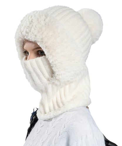 Womens Knit Beanie Hat Fleece Lined Winter Scarf Mask Set Snow Caps Plush Earmuff Skull Hats with Pompom - color: White