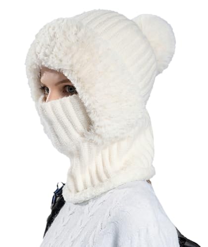 Womens Knit Beanie Hat Fleece Lined Winter Scarf Mask Set Snow Caps Plush Earmuff Skull Hats with Pompom - color: White