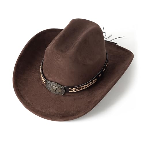 Western Cowboy Hat for Women Men Retro Suede Hat - color: Coffee-square Bull Buckle