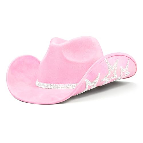 Keilin Rhinestone Cowgirl Hat Disco Cowboy Hat Felt Western Nashville Bachelorette Party Hat for Teens and Adults - color: Pink