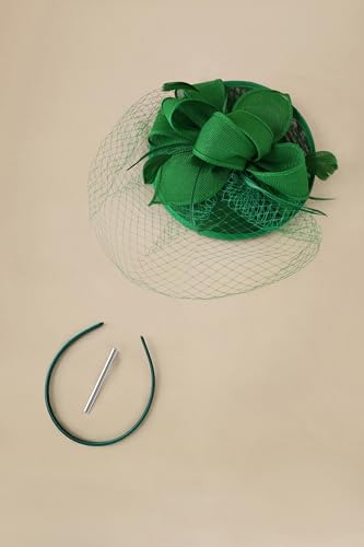 BABEYOND Fascinators Hats for Women Pillbox Kentucky Hat with Feather Veil - color: Green