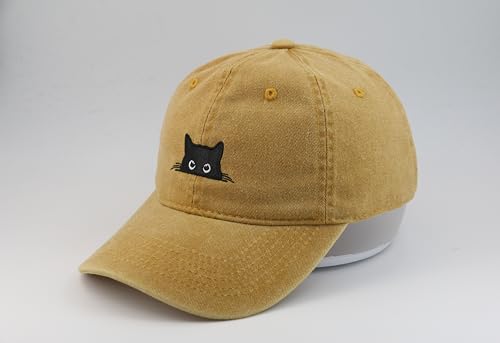 Peeking Black Cat Embroidered Washed Baseball Cap, Adjustable Vintage Dad Hat for Cat Lovers Unisex - color: Yellow