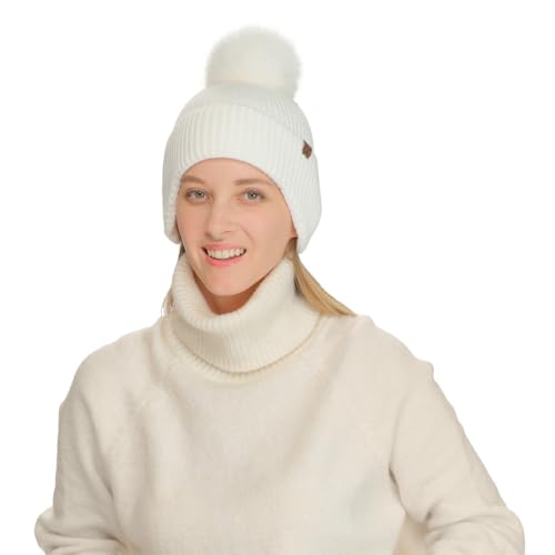 C.C Sequin Pom Beanie for Women - Acrylic Stretchable Soft Warm Knit Winter Skully Hat with Yarn Pom - color: Earflap-ivory