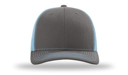 Richardson 112 Trucker Hat - Premium Blank Baseball Cap, Adjustable Snapback Hat - Structured Six Panel Richardson Blank Hats - color: Charcoal/Columbia Blue