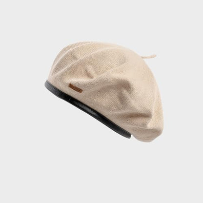 Cotton French Beret Hat for Men Women, Military Style Beret Cap with Leather Label & Drawstring, Casual Beanie - color: Khaki