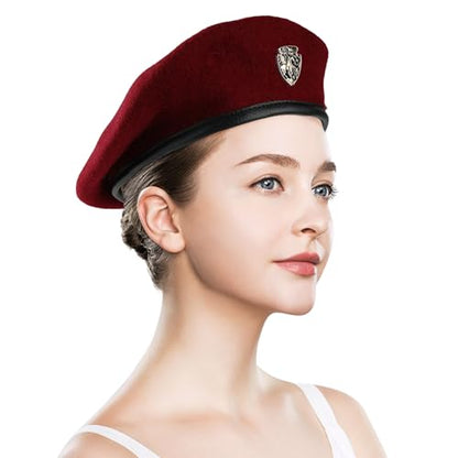 Wool Military Beret Hat Man Women,Adjustable Headband - color: Wine Red
