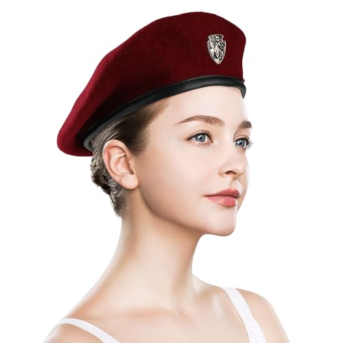 Wool Military Beret Hat Man Women,Adjustable Headband - color: Wine Red