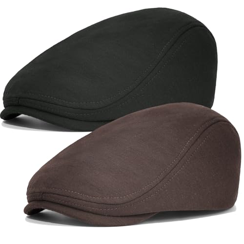 Senker Fashion 2 Pack Newsboy Cap for Men, Wool Blend Tweed Flat Cap - color: Black Dark Brown