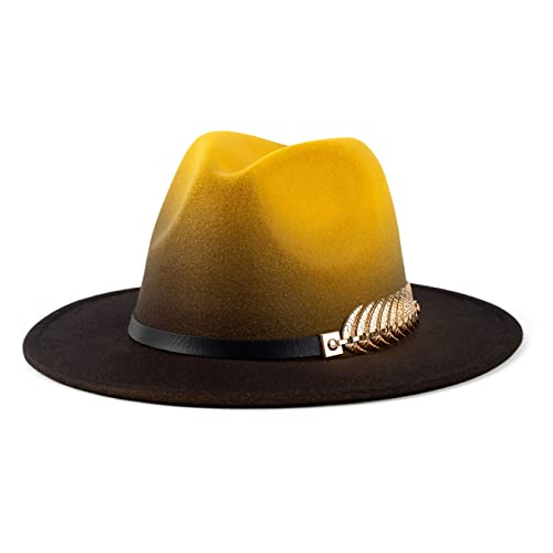 Women Gradient Color Fedora Wide Brim Felt Hat - color: Yellow/Black