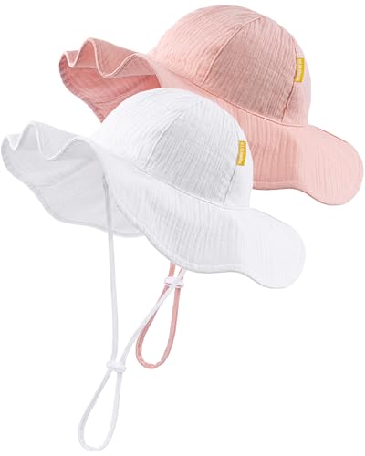 HONGTEYA Baby Sun Hat Muslin Wide Brim Toddler Girl Beach Bucket Hat - color: Pink/White, size: 0-6 Months