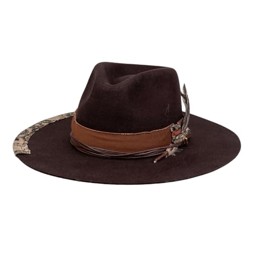 RUEDIGER Vintage Wide Brim Fedora Hats 100% Wool Stiff Felt Hat Rancher Hat with Lightning Logo Handmade Distressed/Burned - color: Dark Brown, size: 7 1/8