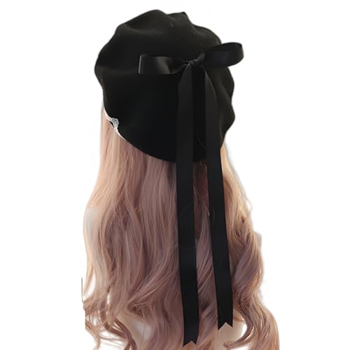JIAHG Women Girls Sweet Lolita Beret Hat with Detachable Bowknot Painter Hat Woolen French Style Artist Beret Winter Cap - color: Black Beret With Black Bow