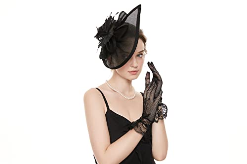 GurZinn Fascinator Hat Veil Feather Fascinator Tea Party Bridal Wedding Veil Pillbox Hat - color: Black Hat&glove