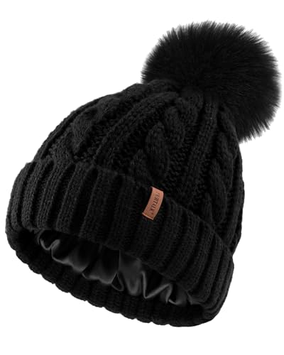 FURTALK Satin Lined Winter Hat for Women Knit Warm Beanie with Pom Pom - color: Black
