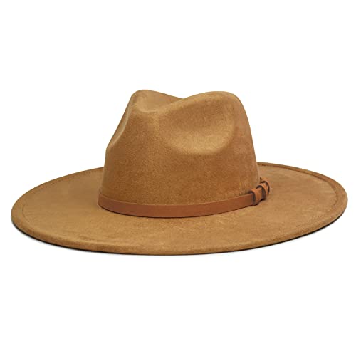 FLUFFY SENSE. Big Wide Brim Fedora Hat for Women - Nashville Outfits Western Hats Women's Felt Panama Rancher Hat - color: Caramel