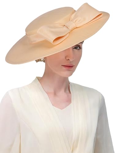 Wide Brim Hats for Women Big Bowknot Formal Occasion Kentucky Cap Lady Wedding Cocktail Party Flat Top Fedoras - color: Khaki