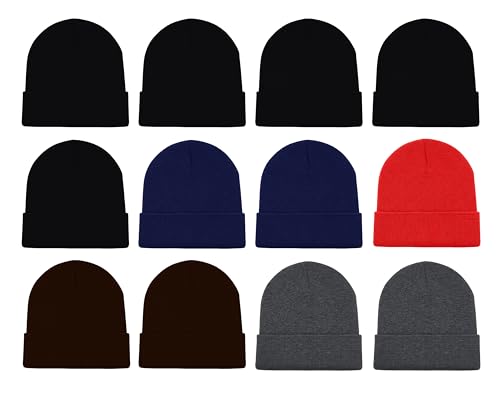 12 Pack Winter Beanie Hats for Men Women, Warm Cozy Knitted Cuffed Skull Cap, Wholesale - color: Assorted Solids