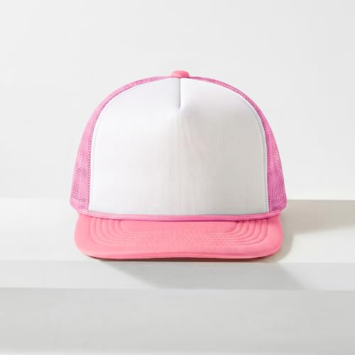 CHOK.LIDS Blank Foam Trucker Hat, Retro Mesh Rope Snapback Cap, Men Women - color: Flat Brim (White/Light Pink)