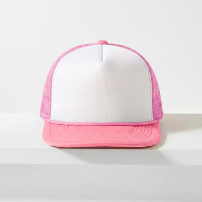 CHOK.LIDS Blank Foam Trucker Hat, Retro Mesh Rope Snapback Cap, Men Women - color: Flat Brim (White/Light Pink)