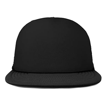 DALIX Flat Billed Trucker Hat Mesh Back S M L Adjustable Cap Solid Two Toned Snapback - color: Black, size: One Size