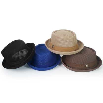 Luwint Cute Fedora Hat - Lightweight Breathable Mesh Crushable Roll Up Short Brim Bowler Derby Cap - color: Black & Blue & Khaki & Brown