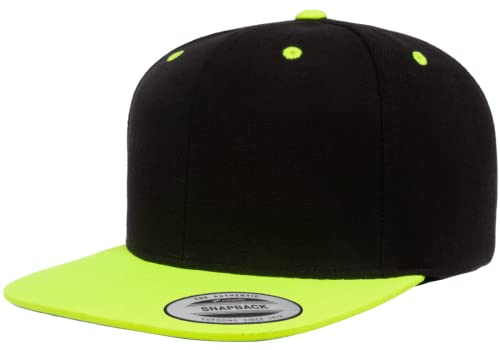 YP Classics 6089 Wool-Blended 6 Panel High Profile Flatbill Snapback Cap - color: Black/Neon Green