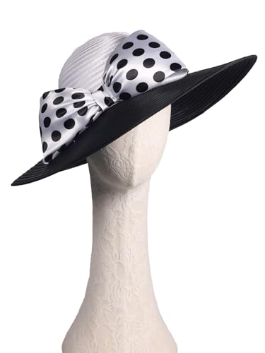 Women Wide Brim Rose Black Patchwork Kentucky Hat for Wedding Party Hat Big Bowknot Polka Dots Fedora Hats - color: White Black