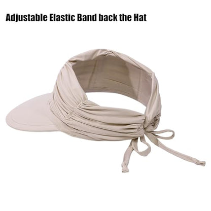 KXF Sun Visors Hat for Women Wide Brim Beach Hat Foldable Visor Hat Cap Ponytail Summer Packable UPF 50+ Adjustable Stretchy - color: Khaki