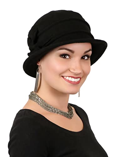Fleece Flower Cloche Hat for Women Chemo Cancer Ladies Headwear 50+ UPF - color: Black