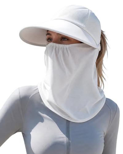 Outdoor Wide Brim Sun Hat Visor for Women, Detachable Face & Neck Cover, Hiking Gardening UPF 50+, Ponytail Friendly - color: White