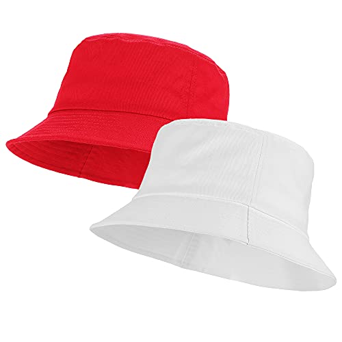 Umeepar Unisex 2 Pack Cotton Bucket Hat Packable Sun Hat for Men Women - color: White +Red