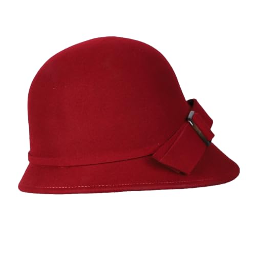 Women Solid Color 100% Wool Winter Hat Women Cloche Bucket Bowler with Bowknot - color: Burgundy