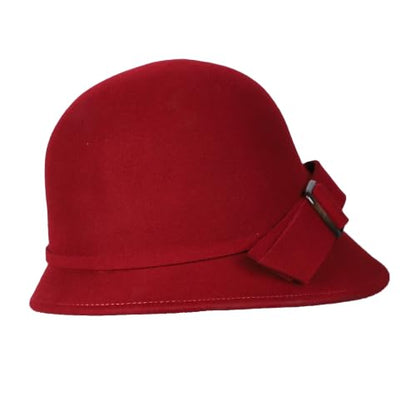 Women Solid Color 100% Wool Winter Hat Women Cloche Bucket Bowler with Bowknot - color: Burgundy