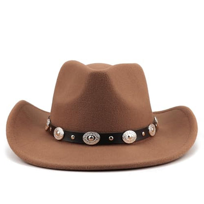 DRESHOW Women Men Classic Felt Wide Brim Western Cowboy & Cowgirl Cap Belt Buckle Retro Panama Hat Unisex Rolled up Caps - color: 1 Pack Style 1: Brown (Hat Circumference: 22-22.8")