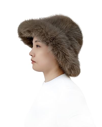 Lina & Lily Oversized Winter Faux Fur Bucket Hat for Women - Long Pile Fur Wide Moldable Brim - color: Khaki