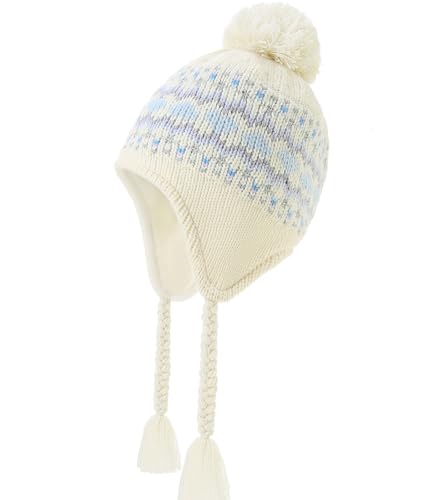 Moon Kitty Girls Knit Hats Winter Fleece Lining Skiing Winter Caps with Warm Ear Flap - color: Blue, size: 6-10 Years