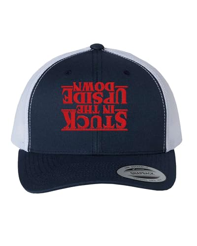 Go All Out Stuck in The Upside Down Dad Deluxe Trucker Flatbill Baseball Structured Embroidered Hat - color: Navy/ White