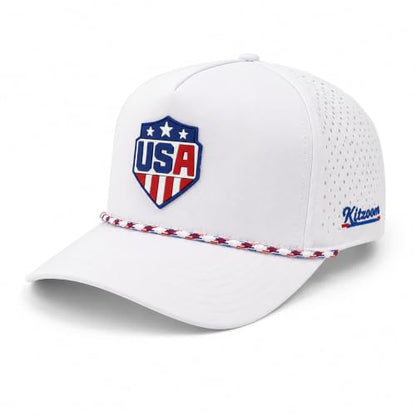 Patriotic Golf Rope Hat for Men, 5 Panel Adjustable Snapback Outdoor Cap - color: White