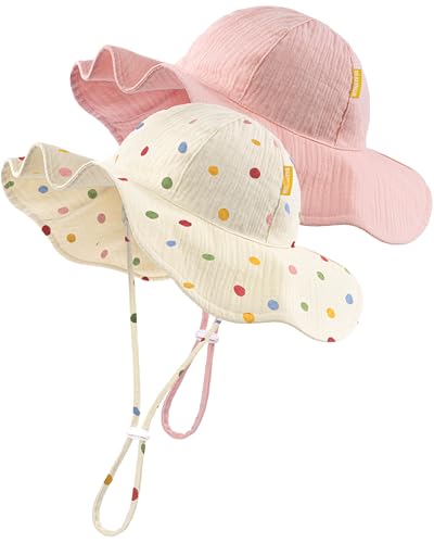 HONGTEYA Baby Sun Hat Muslin Wide Brim Toddler Girl Beach Bucket Hat - color: Pink/Colored Dots, size: 0-6 Months