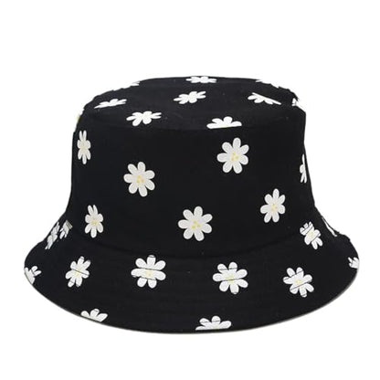 Printed Bucket Hat - Reversible Packable Summer Travel Beach Sun Cap for Men Women Teens - color: Daisy Black