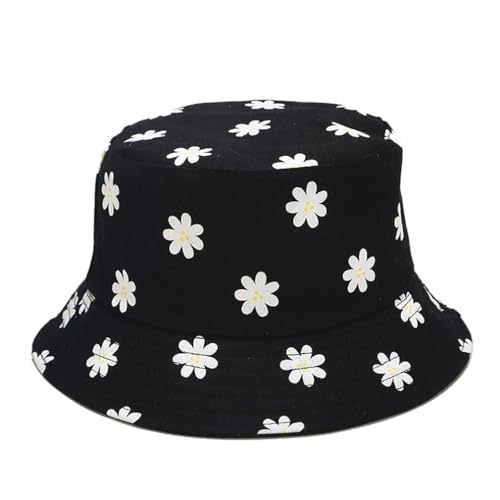 Printed Bucket Hat - Reversible Packable Summer Travel Beach Sun Cap for Men Women Teens - color: Daisy Black