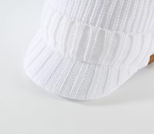 Home Prefer Men's Winter Hat Thick Knit Beanie Cap with Visor Newsboy Beanie Hat - color: White