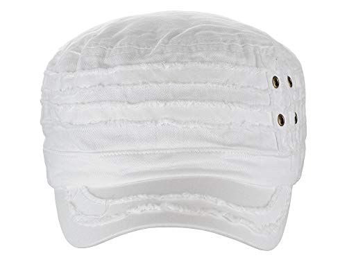 D&Y Unisex 100% Cotton Military Cadet Hat - Distressed Frayed Flat Top Cap - Adjustable Everyday Patrol Hat - color: White