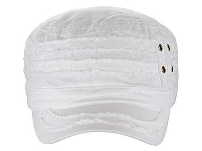 D&Y Unisex 100% Cotton Military Cadet Hat - Distressed Frayed Flat Top Cap - Adjustable Everyday Patrol Hat - color: White