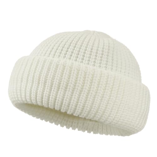 Clakllie Trawler Beanie Watch Hat Knit Cuffed Skullcap Roll-up Edge Stocking Hats Rolled Cuff Knitted Hat Ski Cap - color: Cdus-ddth3-white
