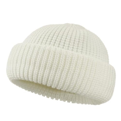 Clakllie Trawler Beanie Watch Hat Knit Cuffed Skullcap Roll-up Edge Stocking Hats Rolled Cuff Knitted Hat Ski Cap - color: Cdus-ddth3-white
