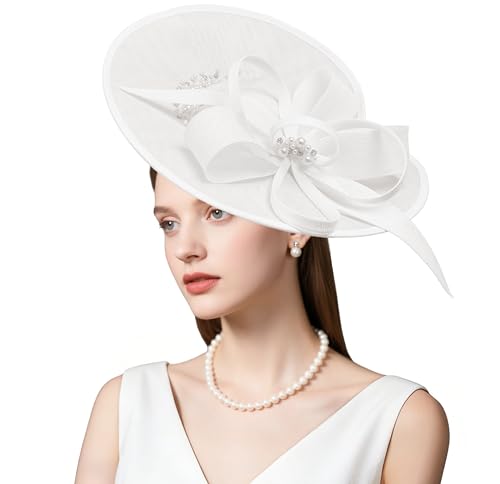 dressfan Vintage Fascinator Hats for Women,Linen Pearl Fascinator for Derby Church Wedding Tea Party - color: White