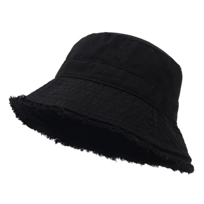 Quanhaigou Frayed Unisex Sun Hats, Fashion Beach Bucket Hat for Men Women,Summer Outdoor Boy's Girls Boonie Cap - color: Patchwork Black