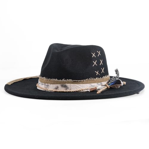 Big Brim Fedora Mens Women Boho Hat Handmade Dress Up Hats - color: 2black